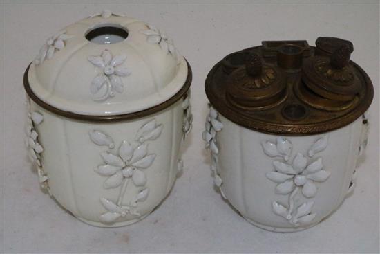 A pair of Saint-Cloud porcelain pots and one cover, mid 18th century height 11.5cm (4.5in.)